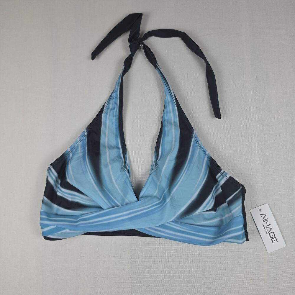 NWT AIMAGE Women's Halter Wrap Swim Top Blue Striped Bikini Top Size XL